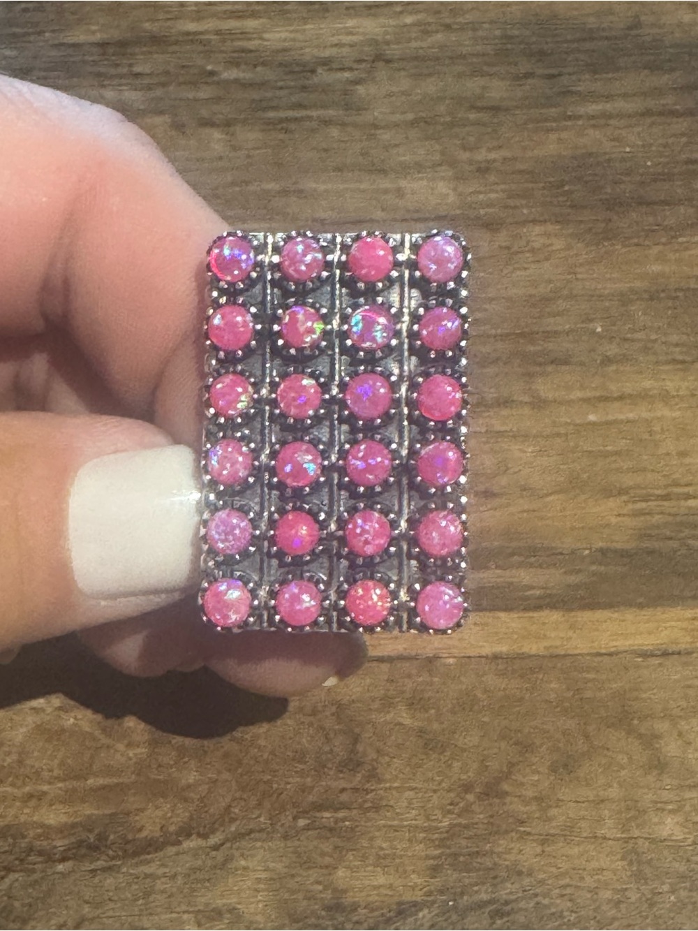 Hot Pink opal sterling silver adjustable bar style ring